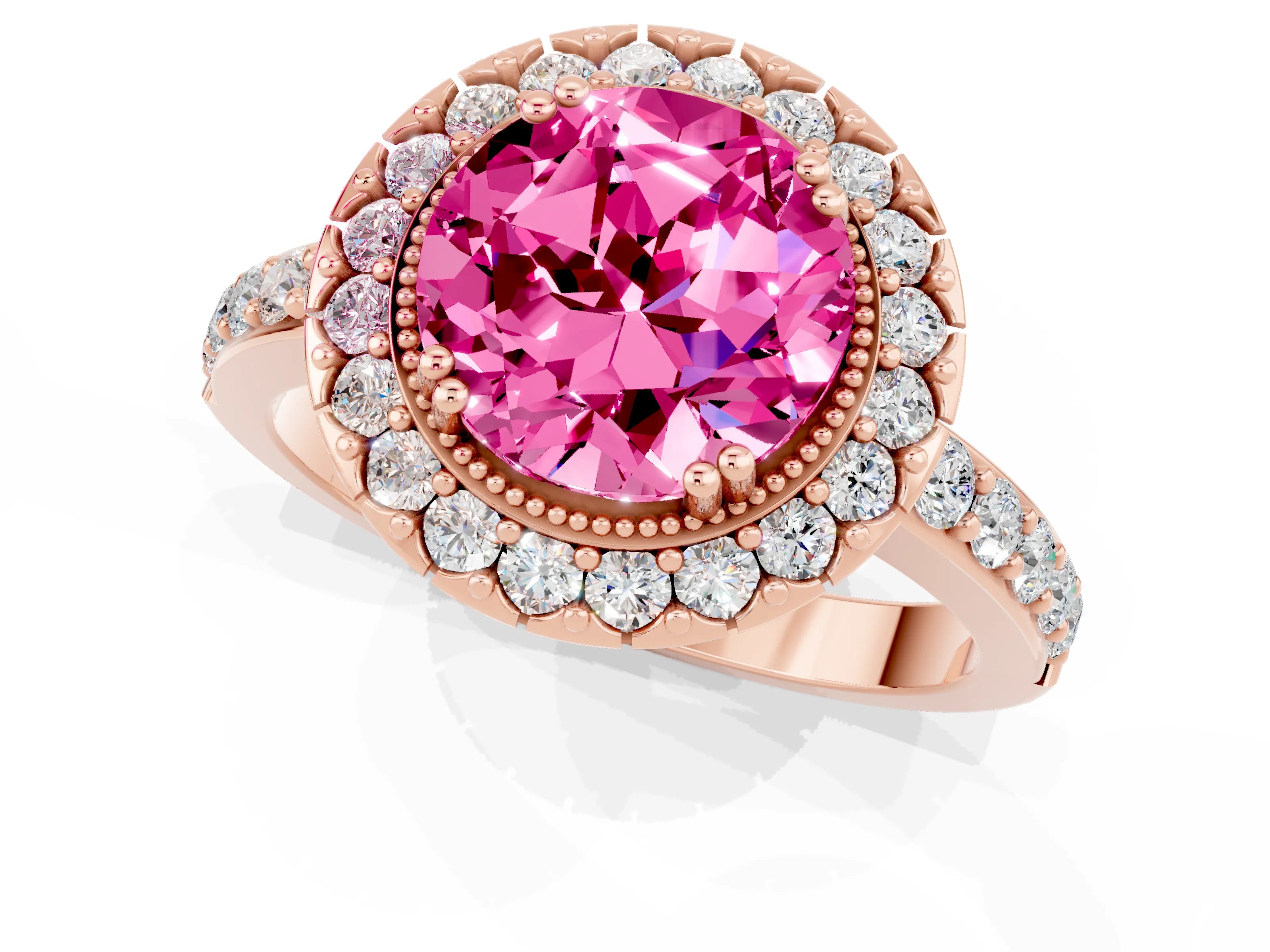 Rose gold Round Cut Pink Sapphire Halo Ring with Pavé Band and Prong Setting_13