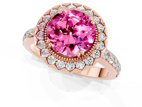 Rose gold Round Cut Pink Sapphire Halo Ring with Pavé Band and Prong Setting_13