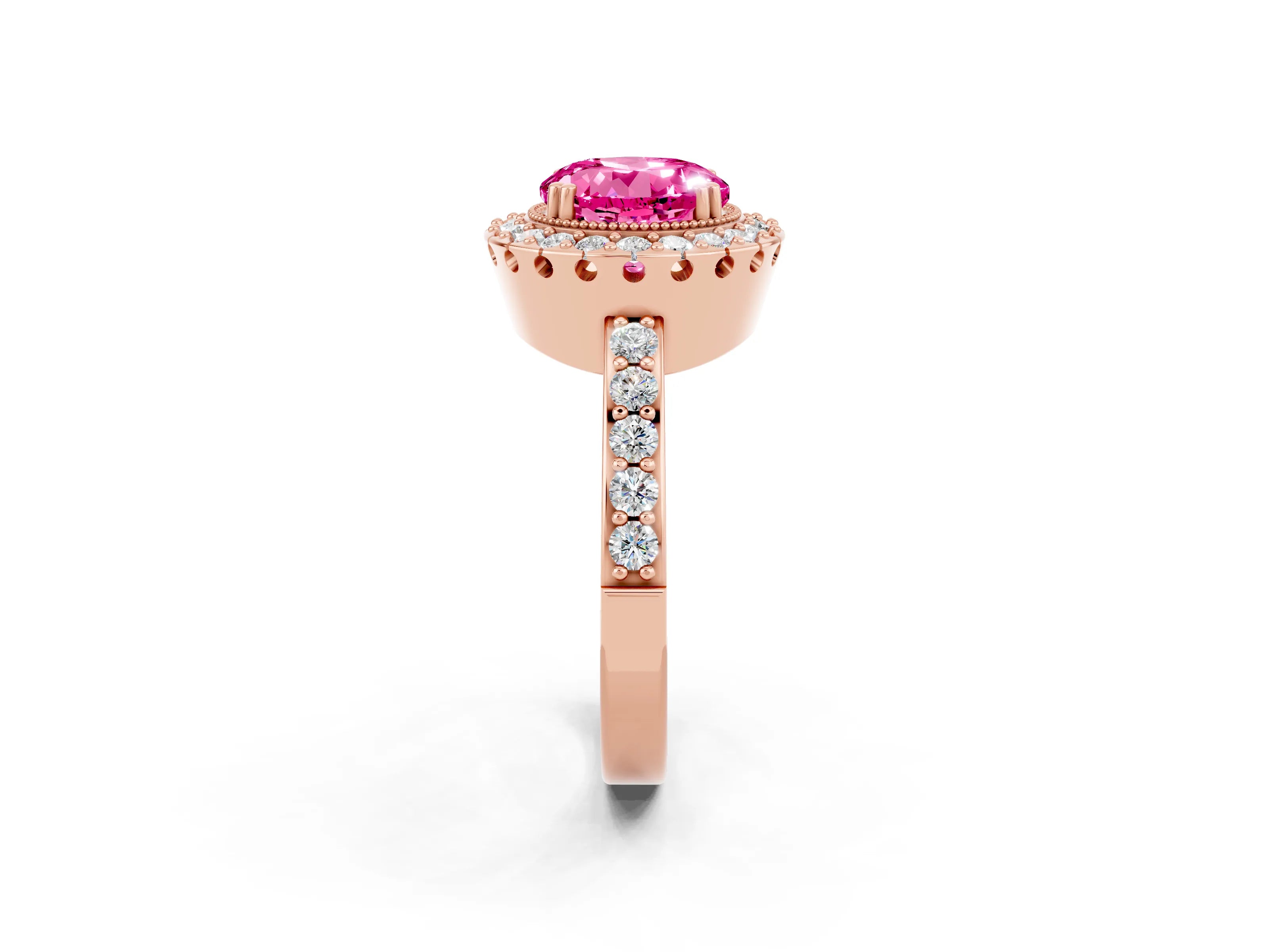 Rose gold Round Cut Pink Sapphire Halo Ring with Pavé Band and Prong Setting_14