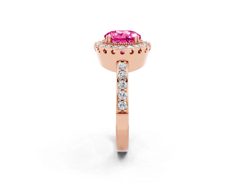Rose gold Round Cut Pink Sapphire Halo Ring with Pavé Band and Prong Setting_14