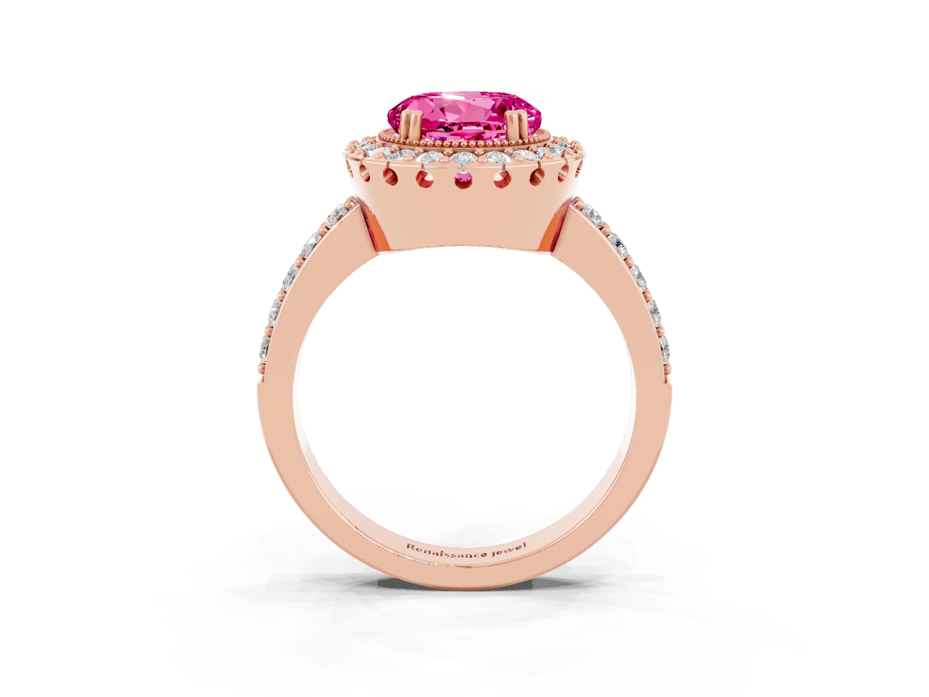 Rose gold Round Cut Pink Sapphire Halo Ring with Pavé Band and Prong Setting_15