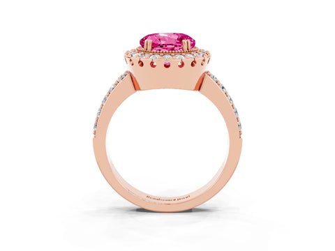 Rose gold Round Cut Pink Sapphire Halo Ring with Pavé Band and Prong Setting_15