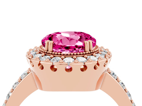 Rose gold Round Cut Pink Sapphire Halo Ring with Pavé Band and Prong Setting_16