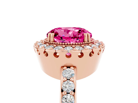 Rose gold Round Cut Pink Sapphire Halo Ring with Pavé Band and Prong Setting_17