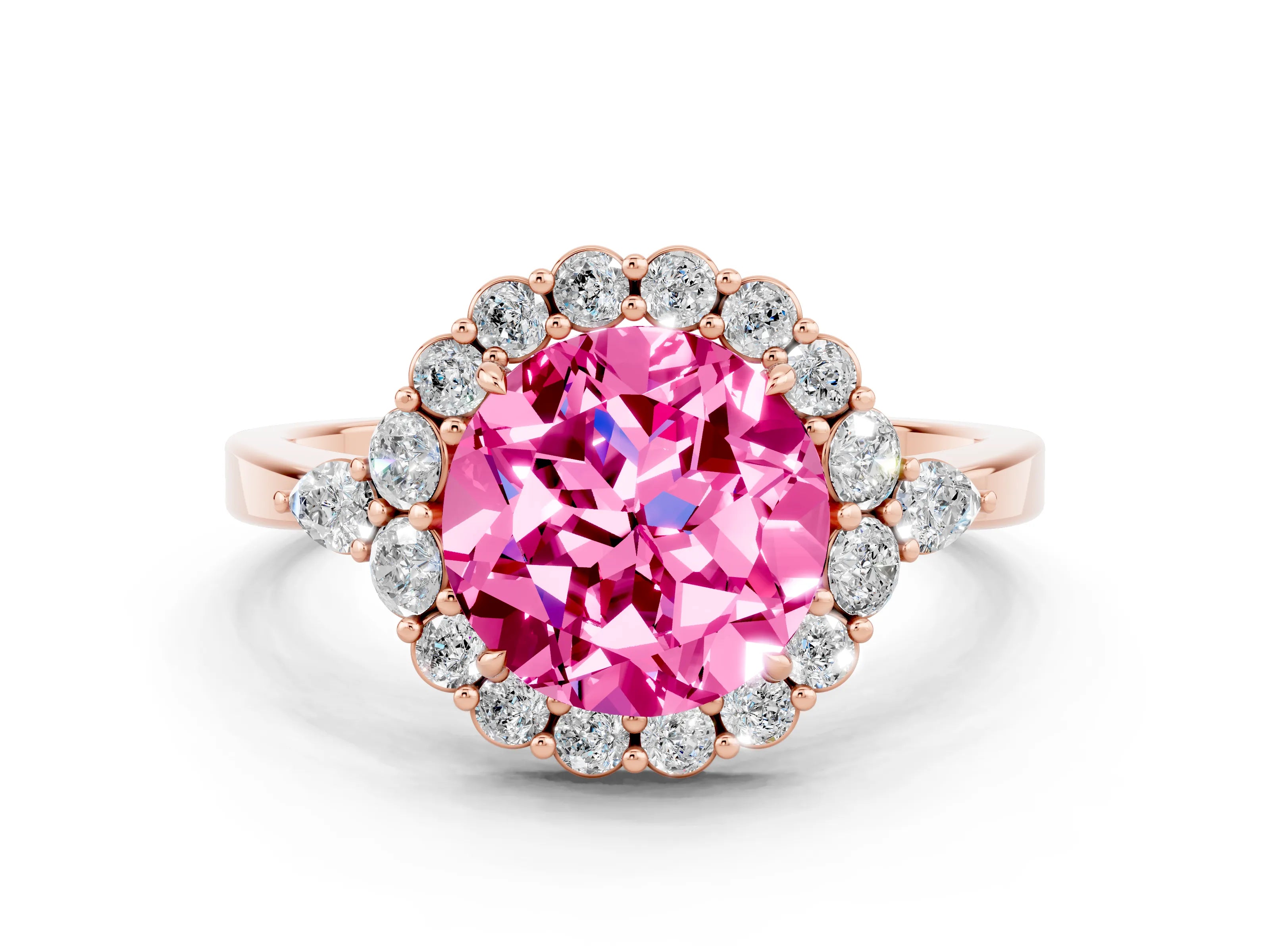 Rose gold Round Cut Pink Sapphire Halo Ring with Pear Side Stones and Prong Setting_12