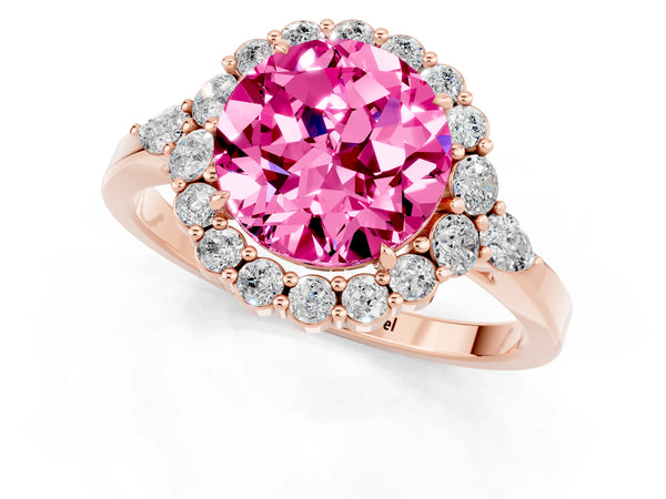 Rose gold Round Cut Pink Sapphire Halo Ring with Pear Side Stones and Prong Setting