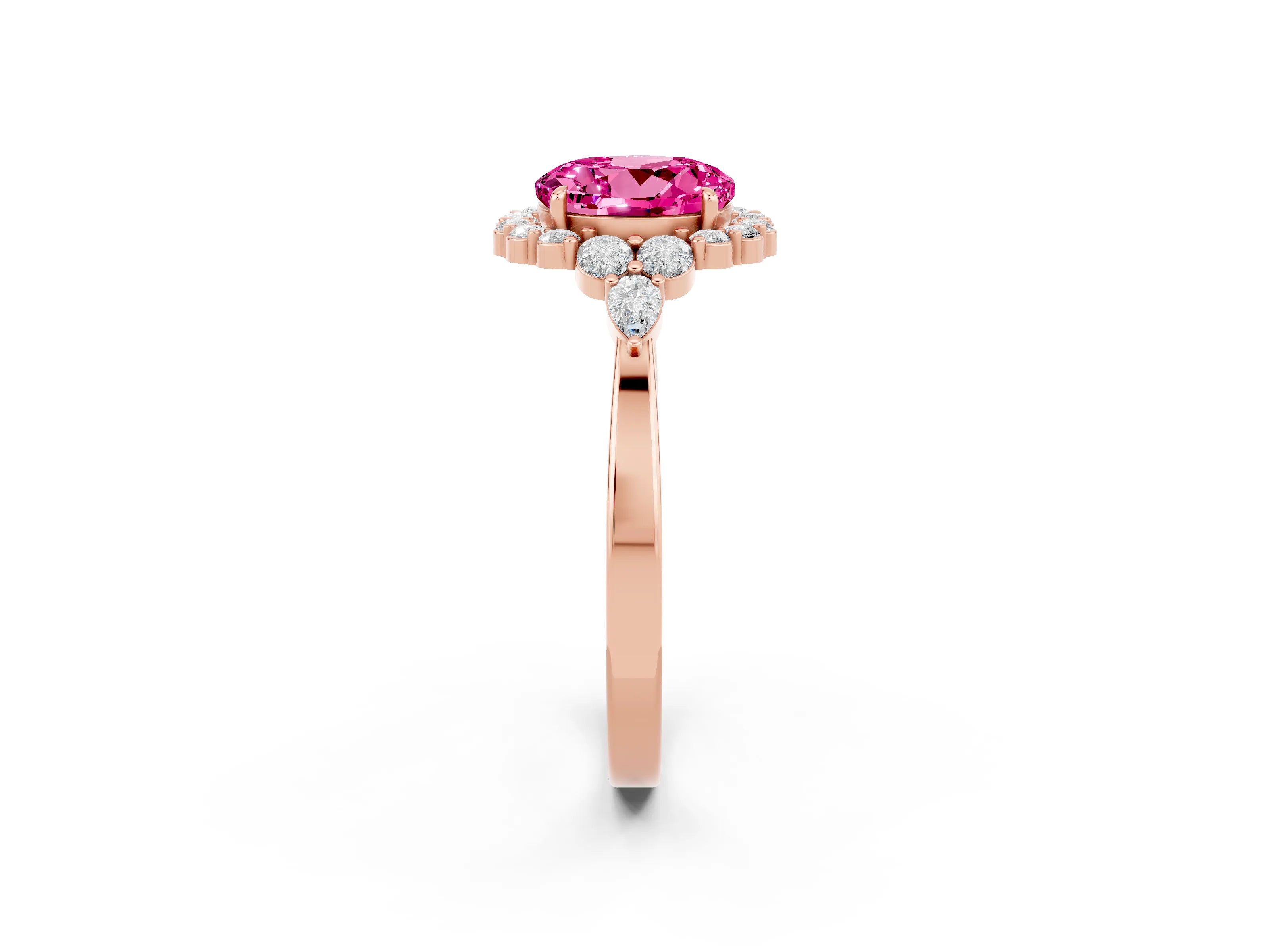 Rose gold Round Cut Pink Sapphire Halo Ring with Pear Side Stones and Prong Setting_14
