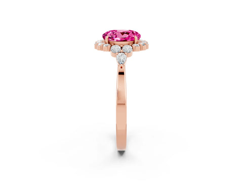 Rose gold Round Cut Pink Sapphire Halo Ring with Pear Side Stones and Prong Setting_14
