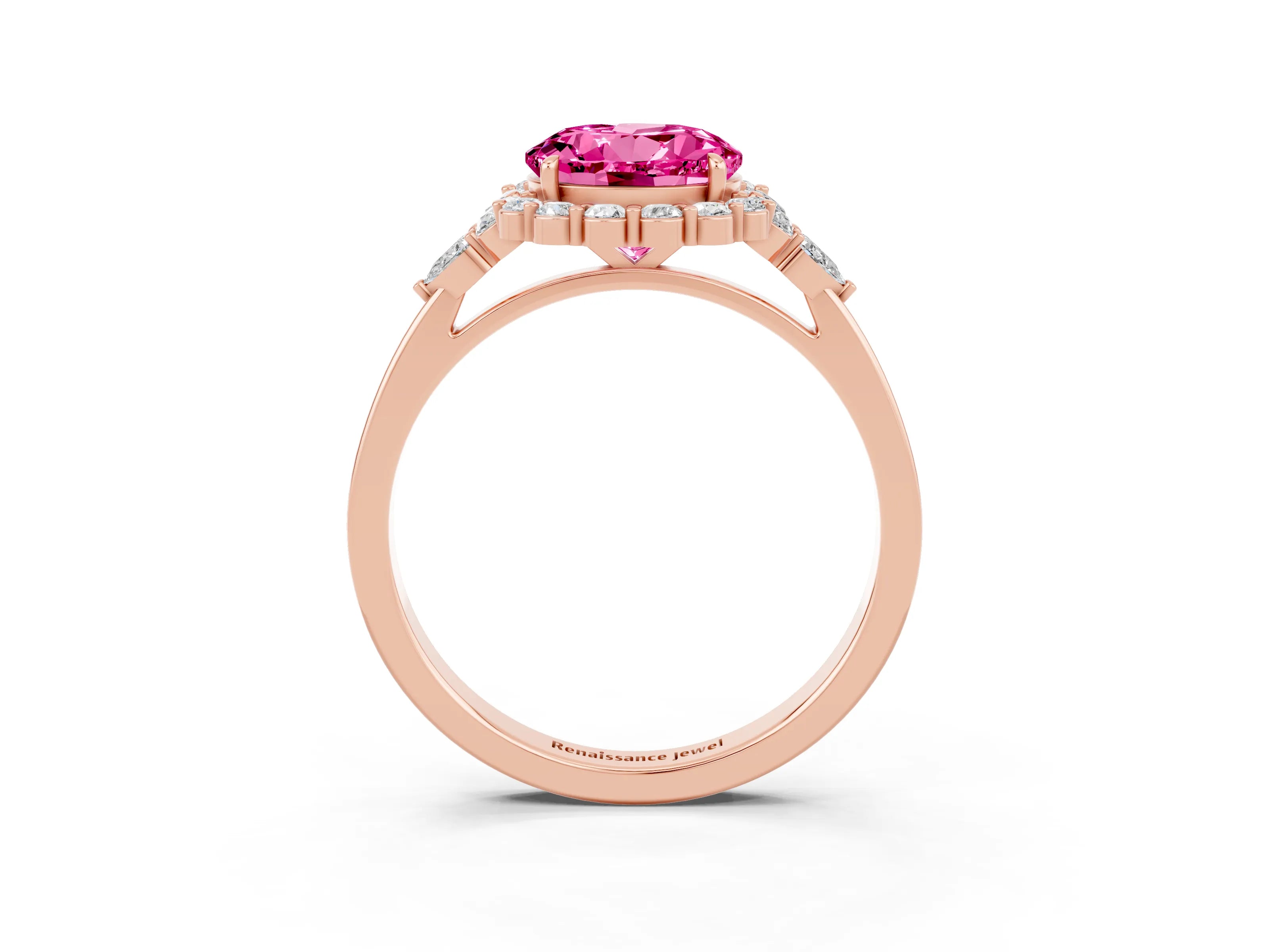 Rose gold Round Cut Pink Sapphire Halo Ring with Pear Side Stones and Prong Setting_15