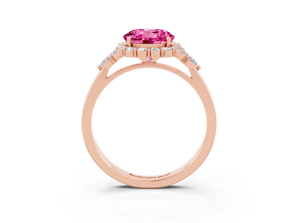 Rose gold Round Cut Pink Sapphire Halo Ring with Pear Side Stones and Prong Setting