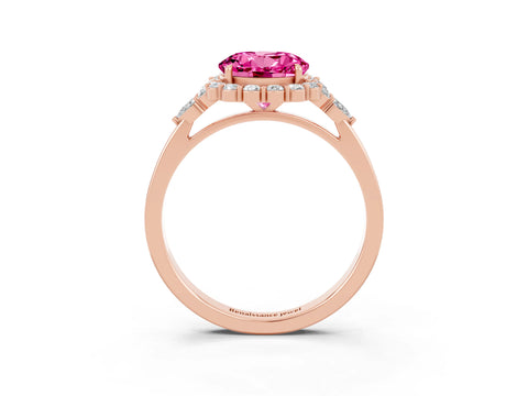 Rose gold Round Cut Pink Sapphire Halo Ring with Pear Side Stones and Prong Setting_15
