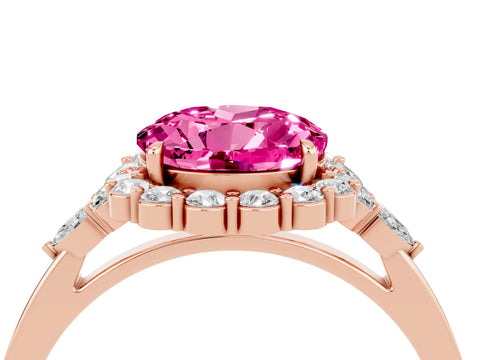 Rose gold Round Cut Pink Sapphire Halo Ring with Pear Side Stones and Prong Setting_16