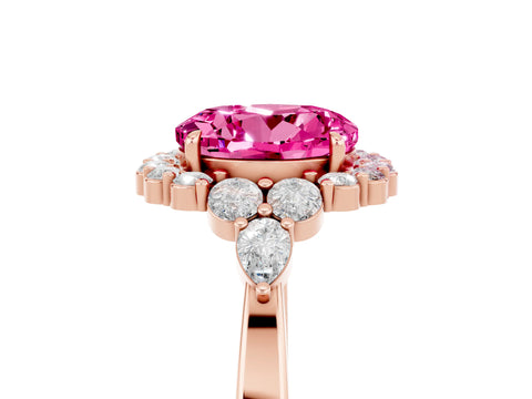 Rose gold Round Cut Pink Sapphire Halo Ring with Pear Side Stones and Prong Setting_17