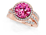 Rose gold Round Cut Pink Sapphire Halo Ring with Round Split Shank and Prong Setting_49