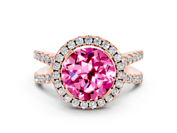 Rose gold Round Cut Pink Sapphire Halo Ring with Split Shank Pavé Band and Prong Setting