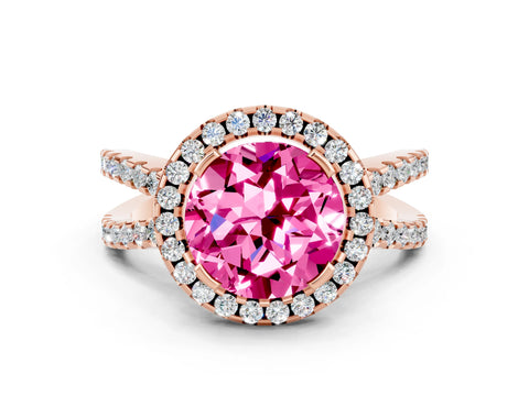Rose gold Round Cut Pink Sapphire Halo Ring with Split Shank Pavé Band and Prong Setting_12