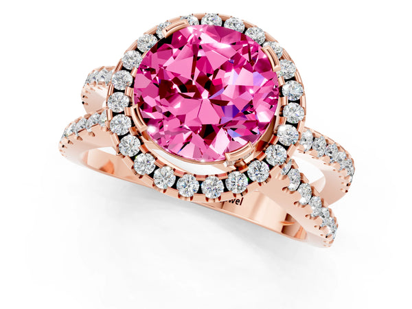 Rose gold Round Cut Pink Sapphire Halo Ring with Split Shank Pavé Band and Prong Setting