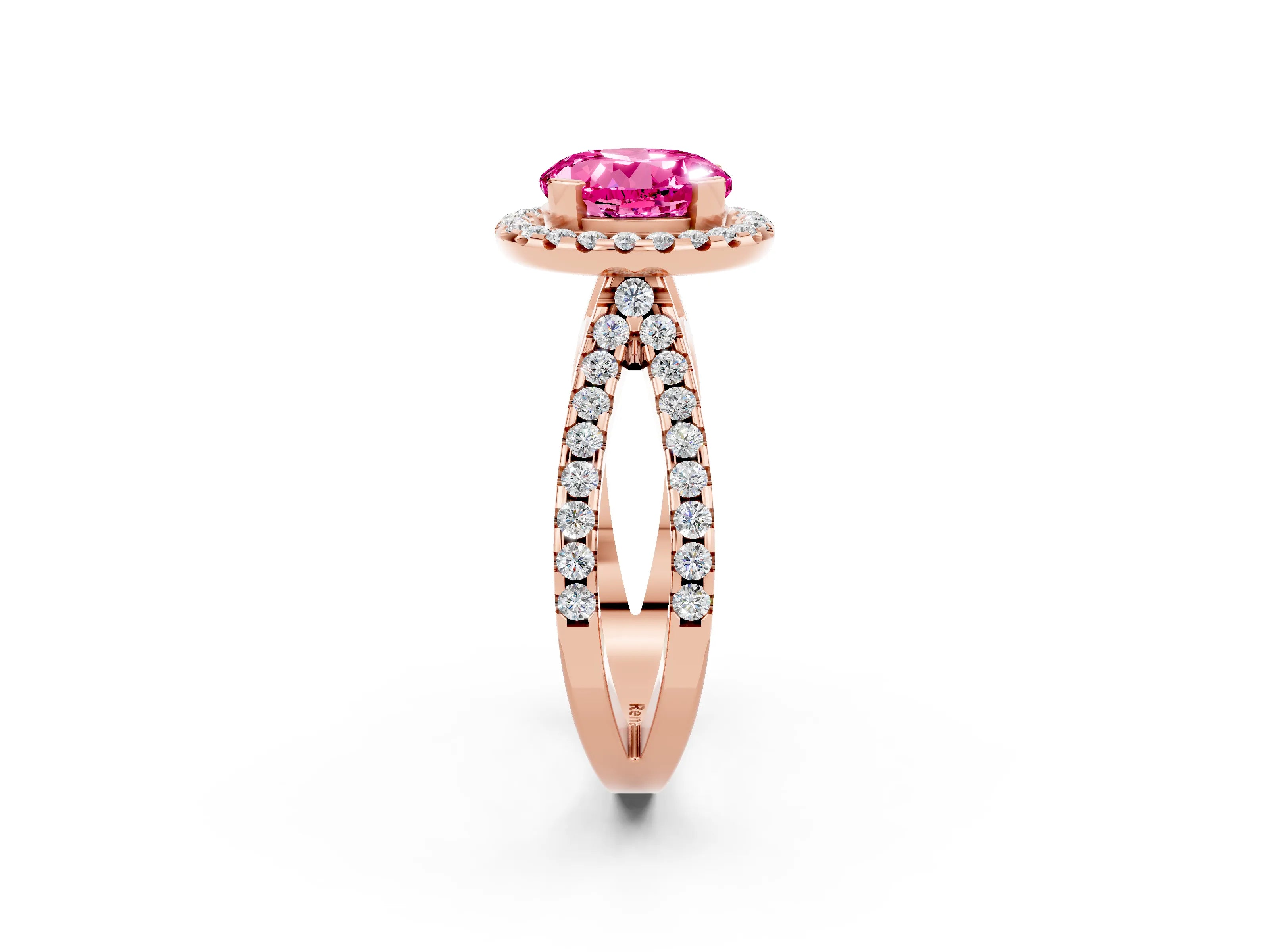 Rose gold Round Cut Pink Sapphire Halo Ring with Split Shank Pavé Band and Prong Setting_14