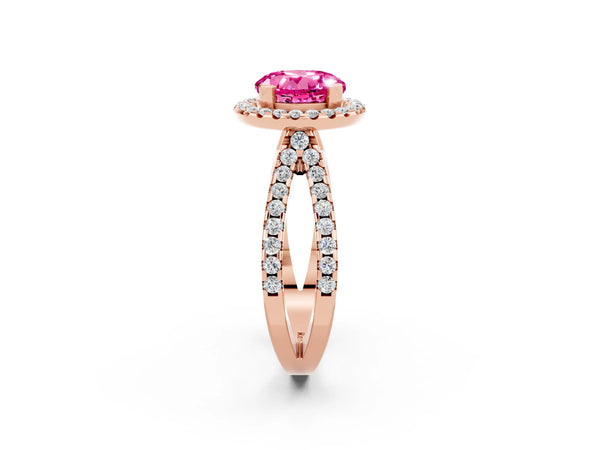 Rose gold Round Cut Pink Sapphire Halo Ring with Split Shank Pavé Band and Prong Setting