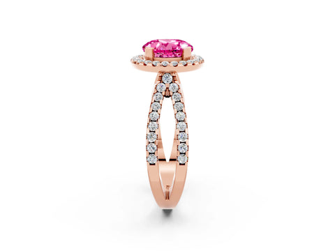 Rose gold Round Cut Pink Sapphire Halo Ring with Split Shank Pavé Band and Prong Setting_14