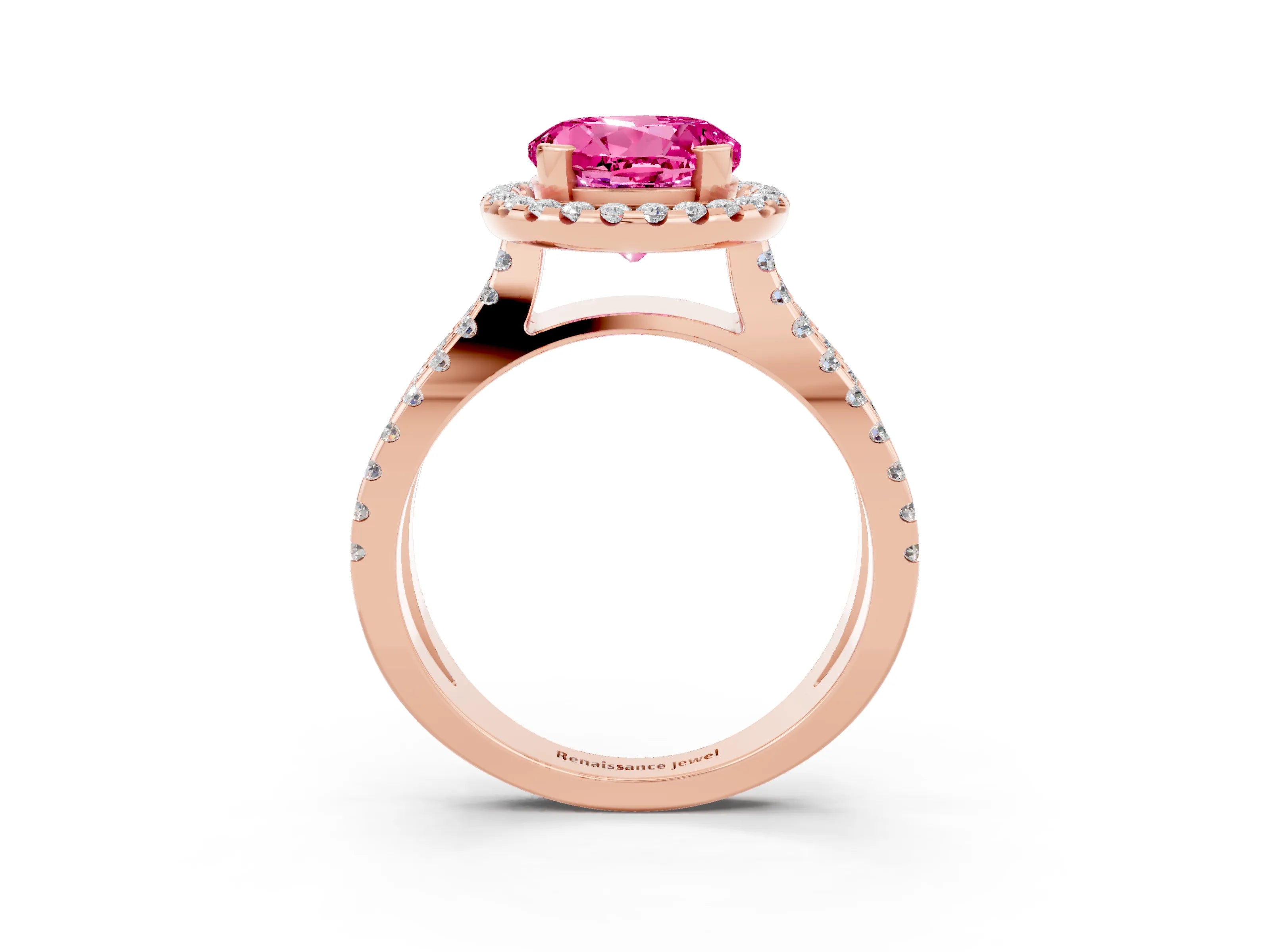 Rose gold Round Cut Pink Sapphire Halo Ring with Split Shank Pavé Band and Prong Setting_15