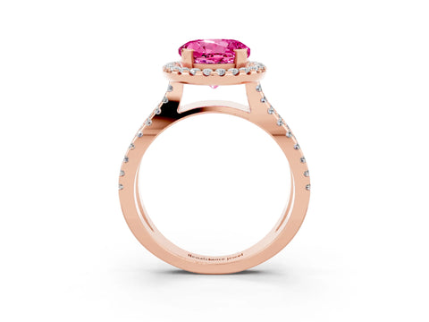 Rose gold Round Cut Pink Sapphire Halo Ring with Split Shank Pavé Band and Prong Setting_15