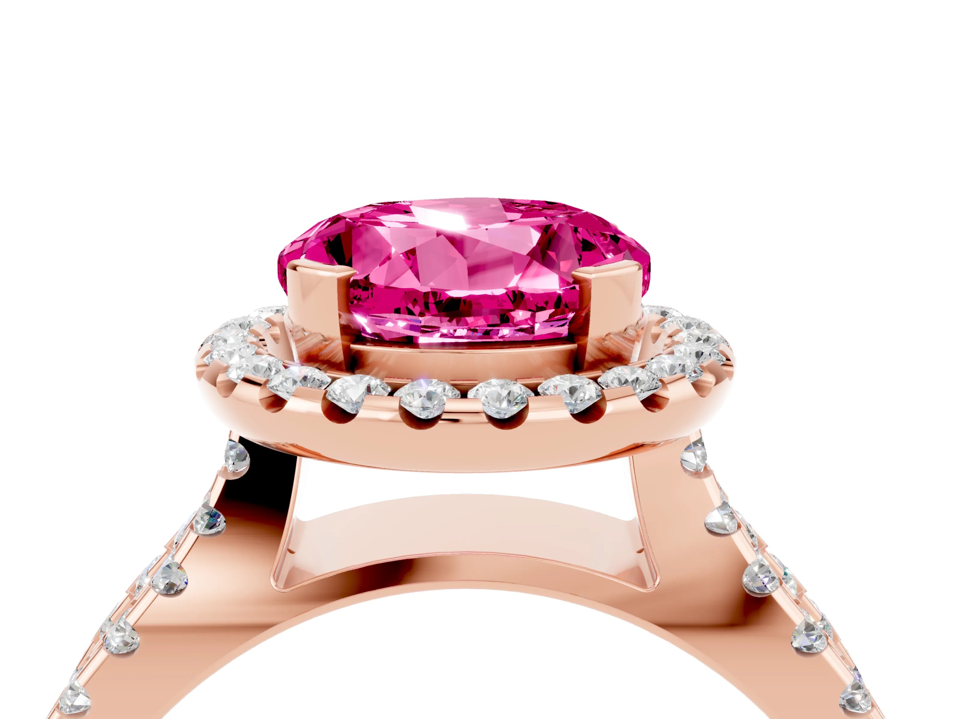 Rose gold Round Cut Pink Sapphire Halo Ring with Split Shank Pavé Band and Prong Setting_16