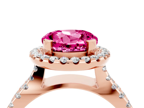 Rose gold Round Cut Pink Sapphire Halo Ring with Split Shank Pavé Band and Prong Setting_16
