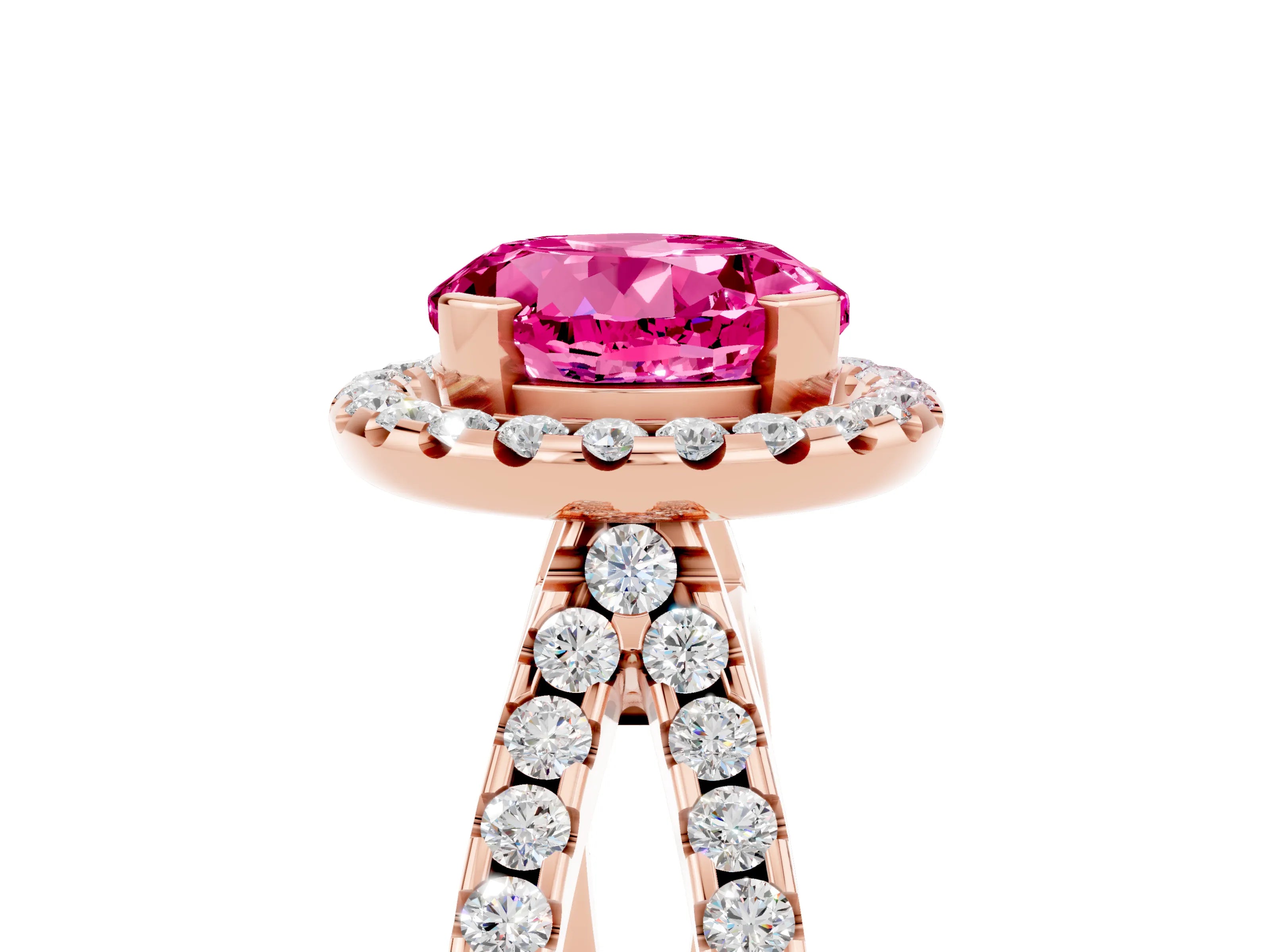 Rose gold Round Cut Pink Sapphire Halo Ring with Split Shank Pavé Band and Prong Setting_17