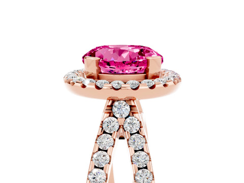 Rose gold Round Cut Pink Sapphire Halo Ring with Split Shank Pavé Band and Prong Setting_17