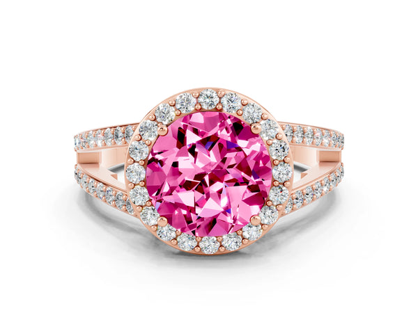 Rose gold Round Cut Pink Sapphire Halo Ring with Split Shank U-Prong Band and Four-Prong Setting