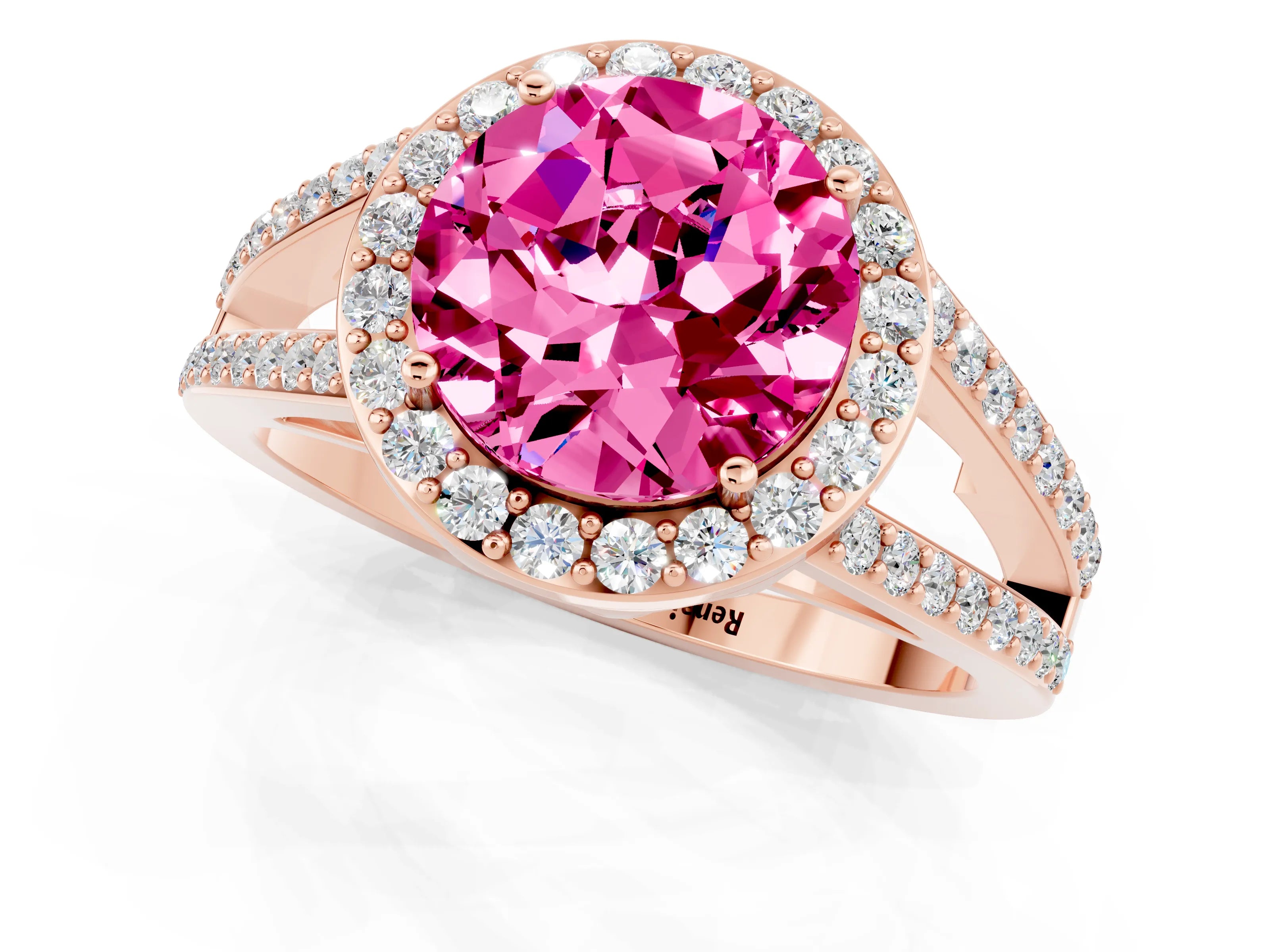 Rose gold Round Cut Pink Sapphire Halo Ring with Split Shank U-Prong Band and Four-Prong Setting_1