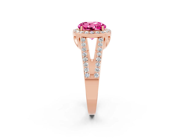 Rose gold Round Cut Pink Sapphire Halo Ring with Split Shank U-Prong Band and Four-Prong Setting
