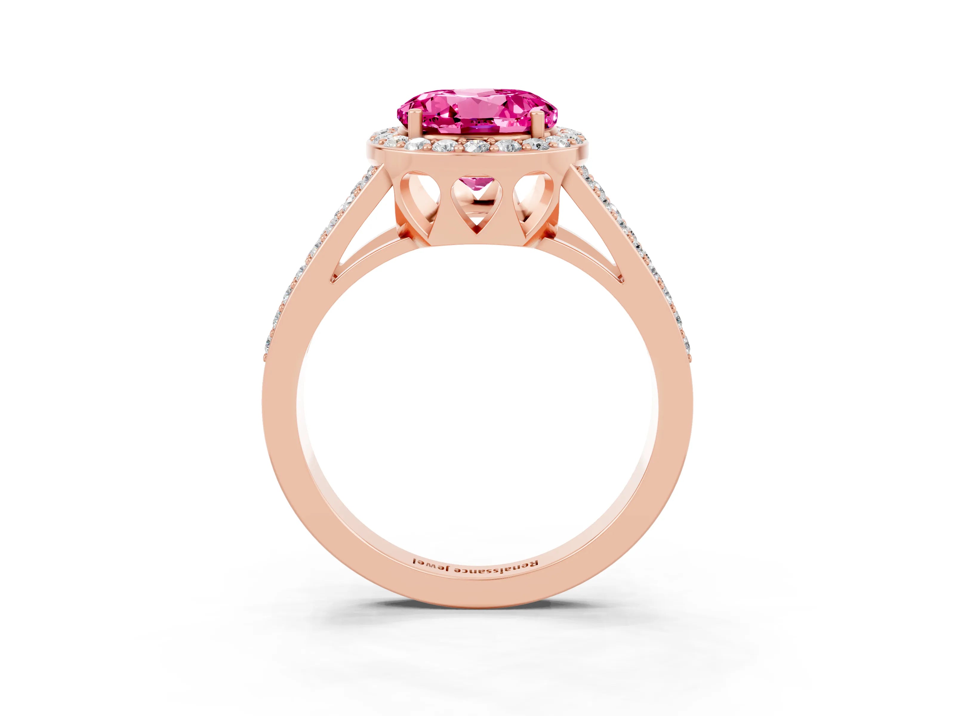 Rose gold Round Cut Pink Sapphire Halo Ring with Split Shank U-Prong Band and Four-Prong Setting_3