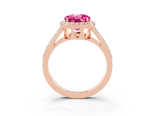 Rose gold Round Cut Pink Sapphire Halo Ring with Split Shank U-Prong Band and Four-Prong Setting