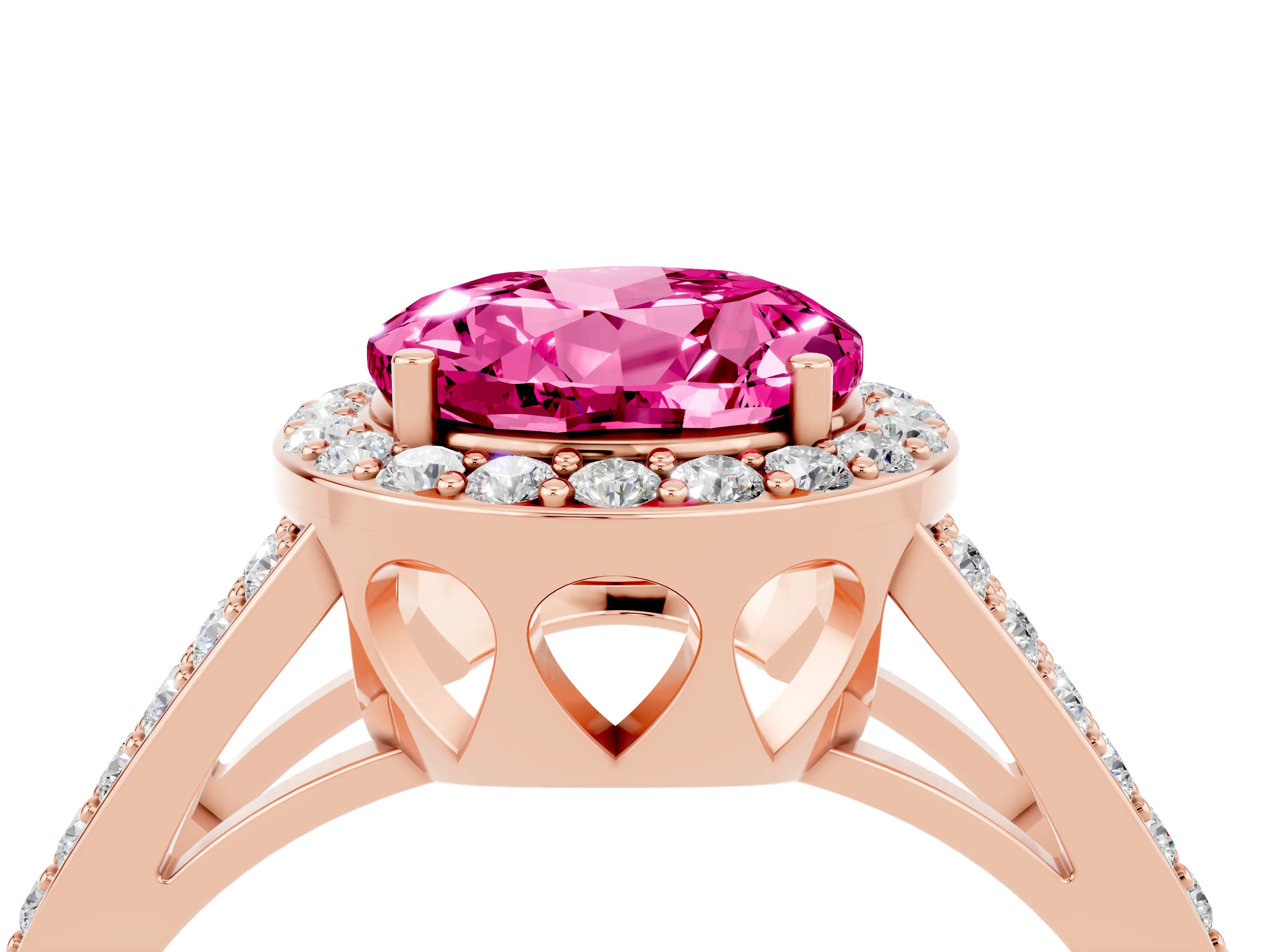 Rose gold Round Cut Pink Sapphire Halo Ring with Split Shank U-Prong Band and Four-Prong Setting_4