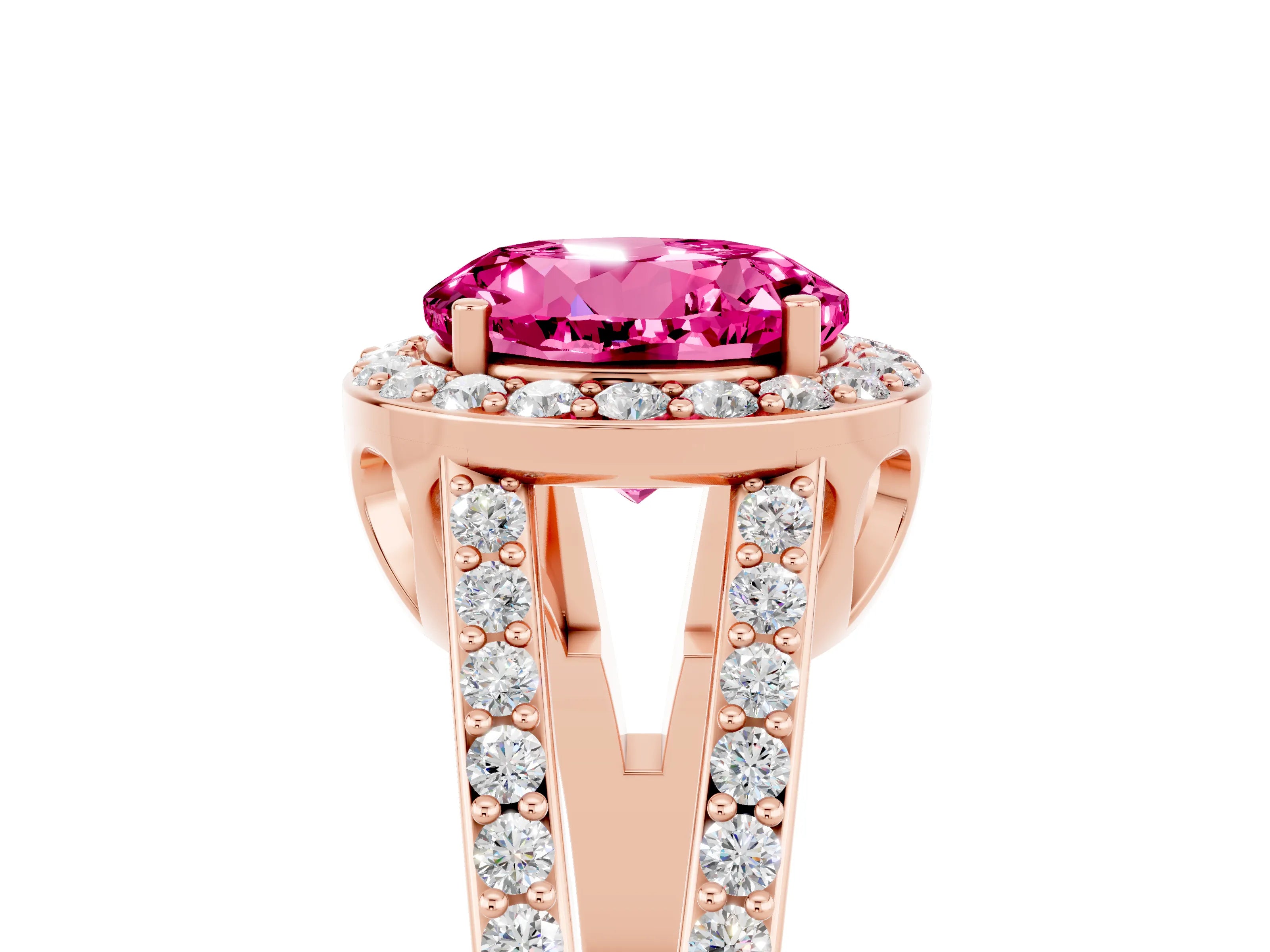 Rose gold Round Cut Pink Sapphire Halo Ring with Split Shank U-Prong Band and Four-Prong Setting_5