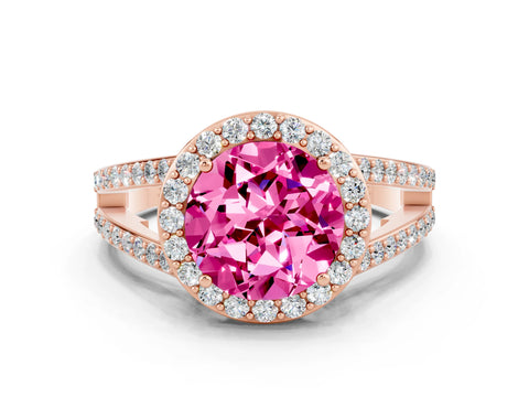 Rose gold Round Cut Pink Sapphire Halo Ring with Split Shank U-Prong Band and Four-Prong Setting