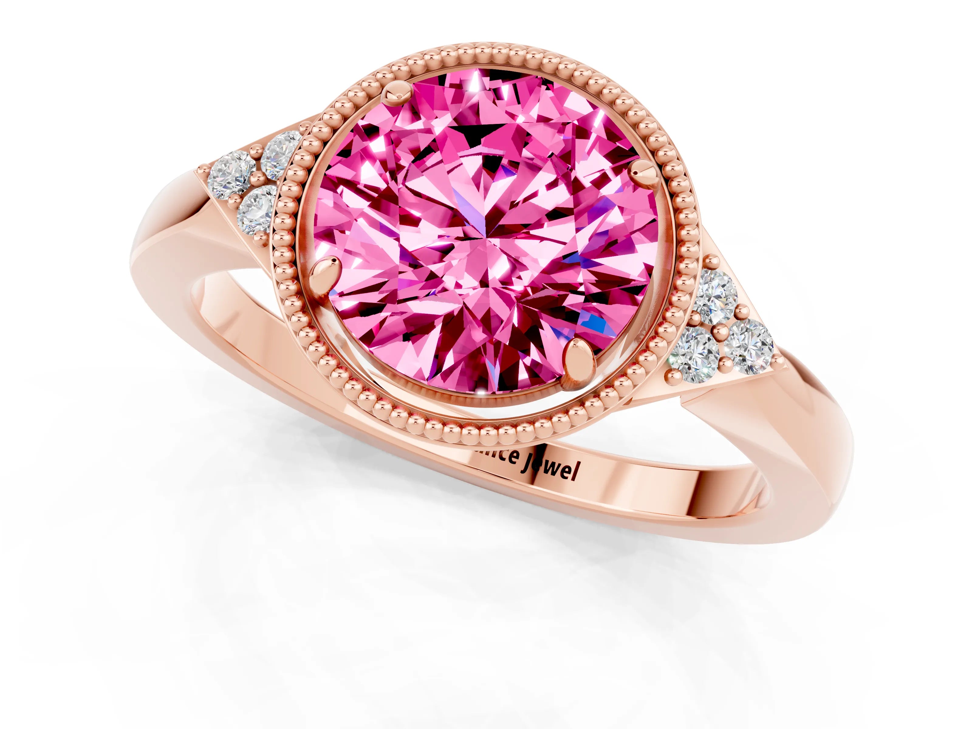 Rose gold Round Cut Pink Sapphire Halo Ring with Tapered Band and Four-Prong Setting_1