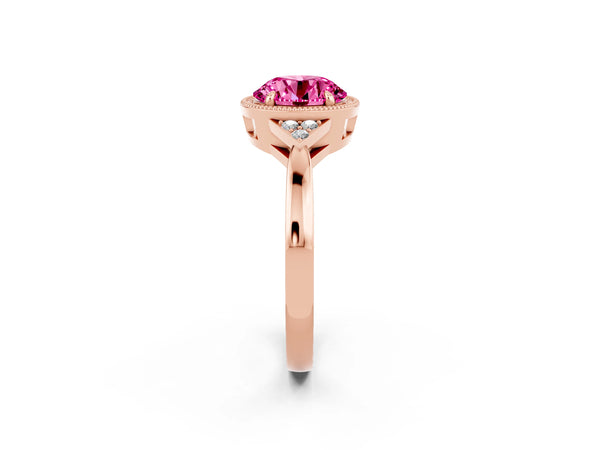 Rose gold Round Cut Pink Sapphire Halo Ring with Tapered Band and Four-Prong Setting