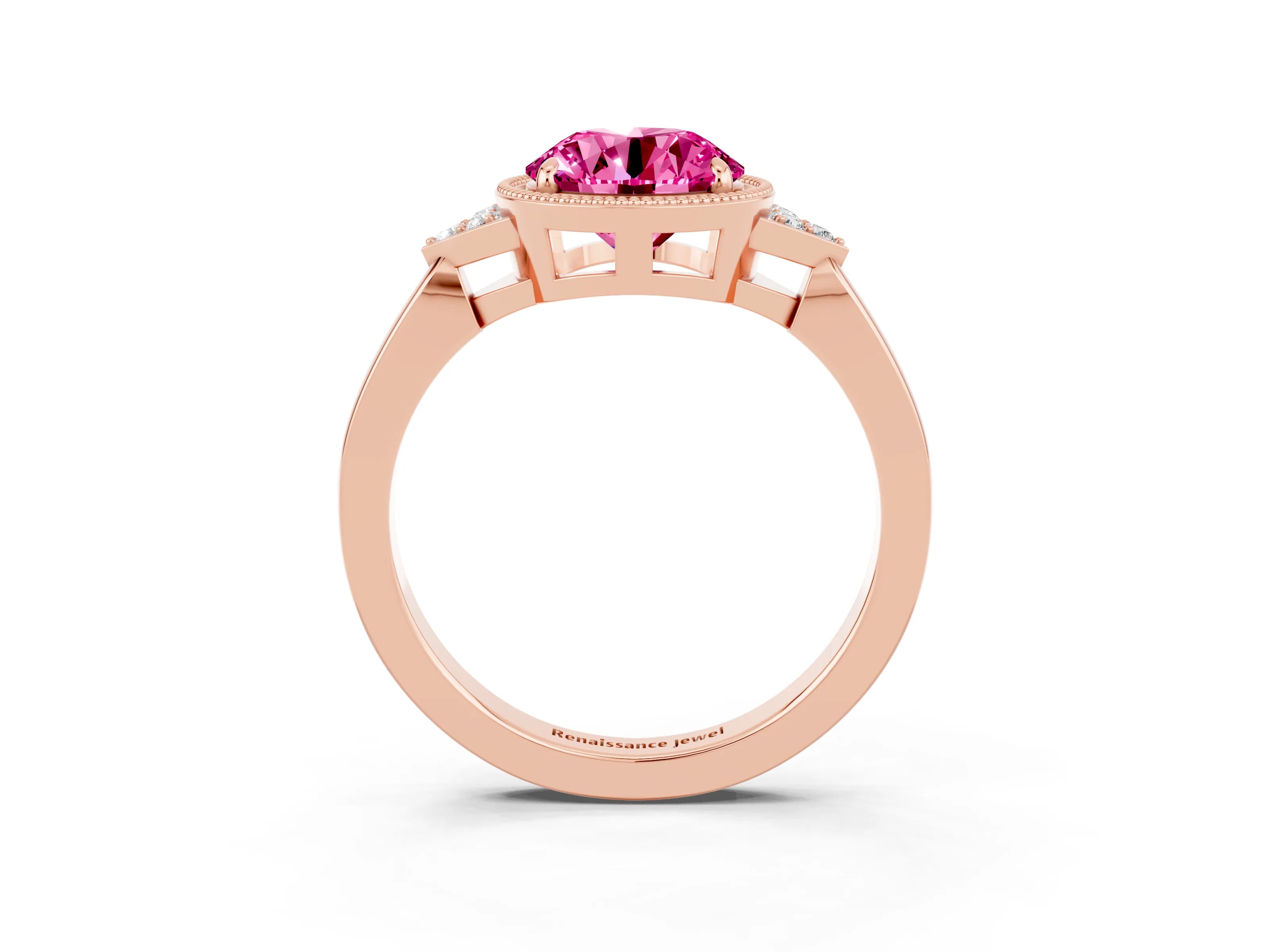 Rose gold Round Cut Pink Sapphire Halo Ring with Tapered Band and Four-Prong Setting_3