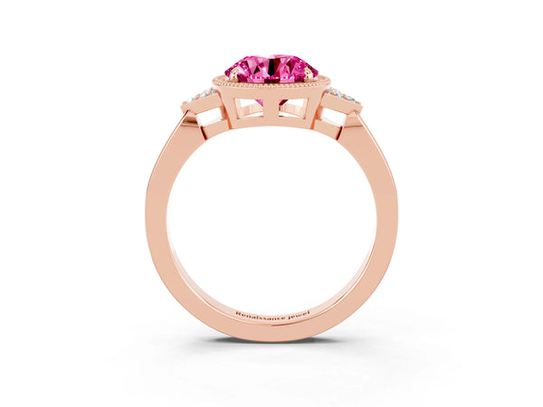 Rose gold Round Cut Pink Sapphire Halo Ring with Tapered Band and Four-Prong Setting