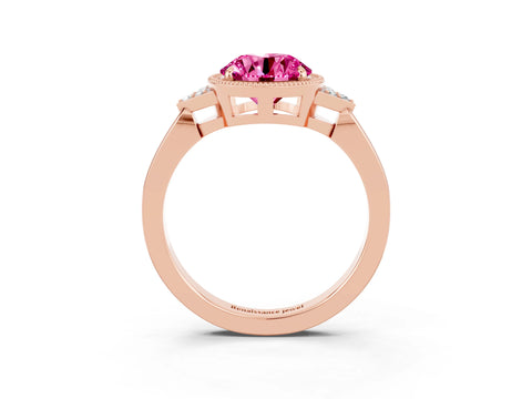 Rose gold Round Cut Pink Sapphire Halo Ring with Tapered Band and Four-Prong Setting_3