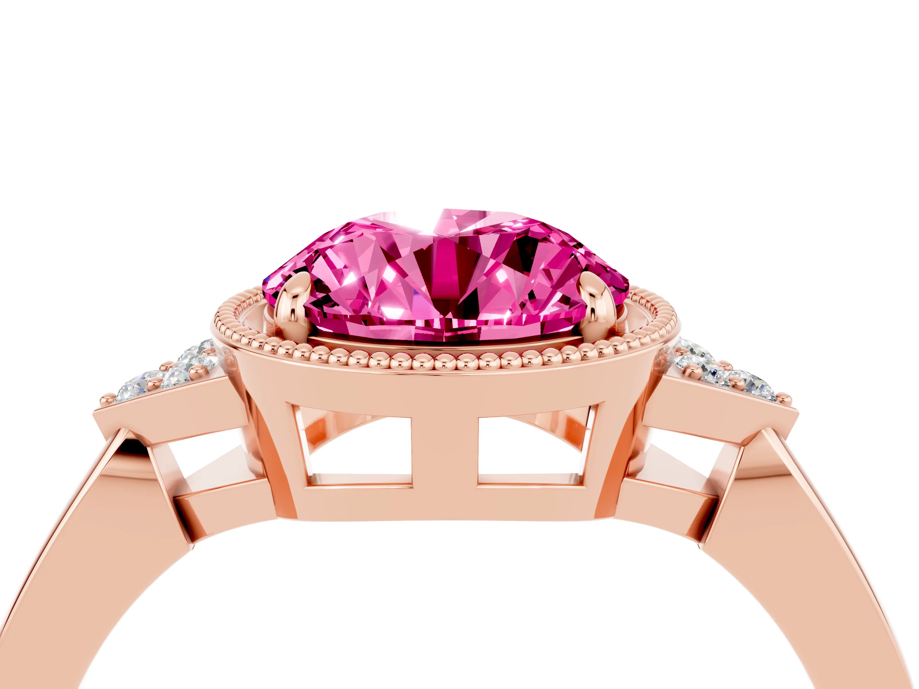 Rose gold Round Cut Pink Sapphire Halo Ring with Tapered Band and Four-Prong Setting_4