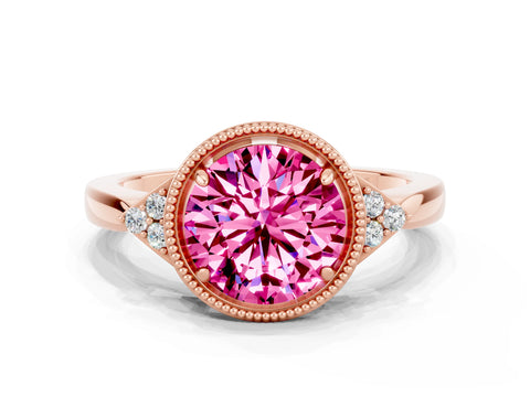 Rose gold Round Cut Pink Sapphire Halo Ring with Tapered Band and Four-Prong Setting