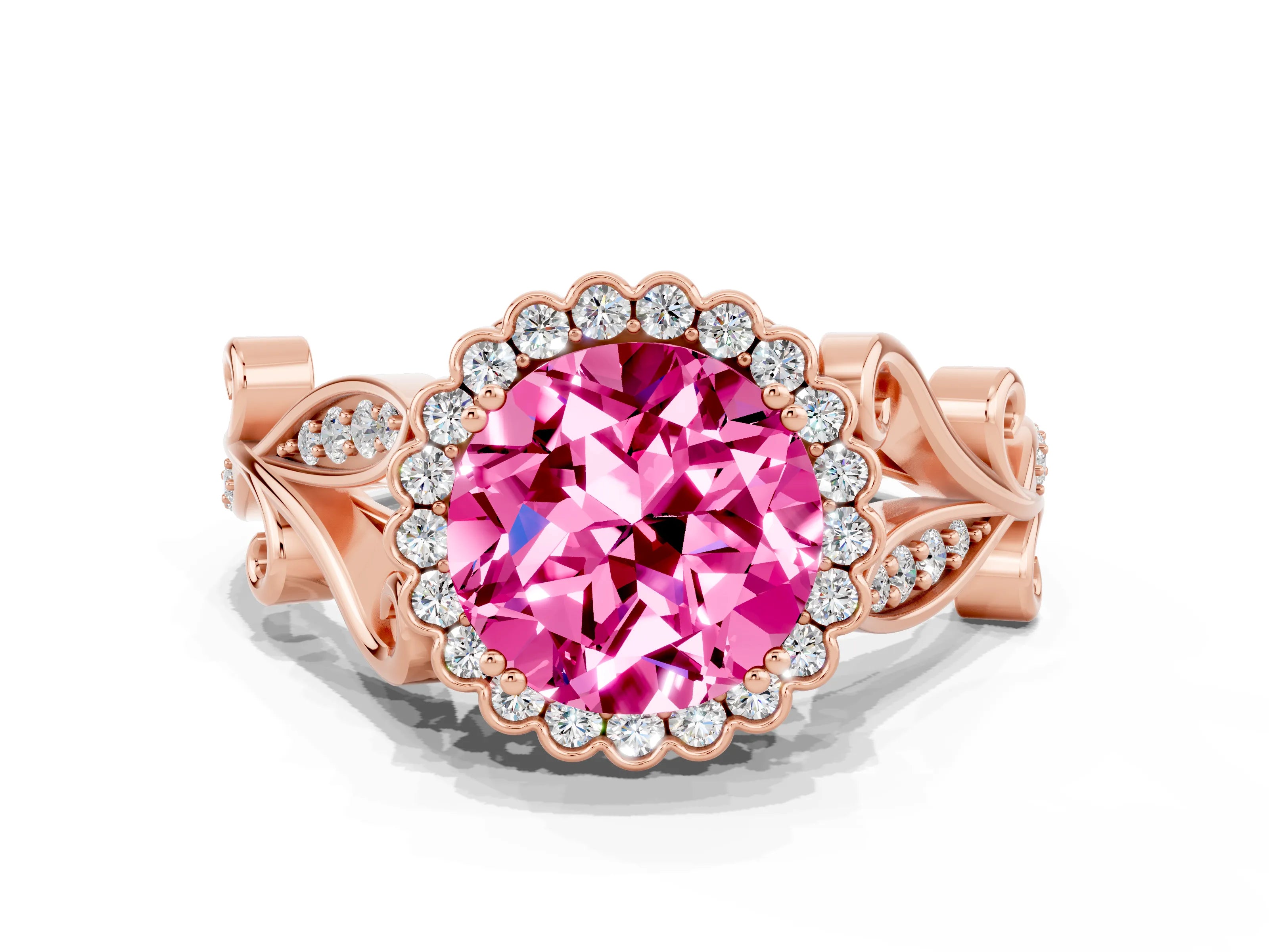 Rose gold Round Cut Pink Sapphire Halo Ring with Vintage Split Shank and Four-Prong Setting
