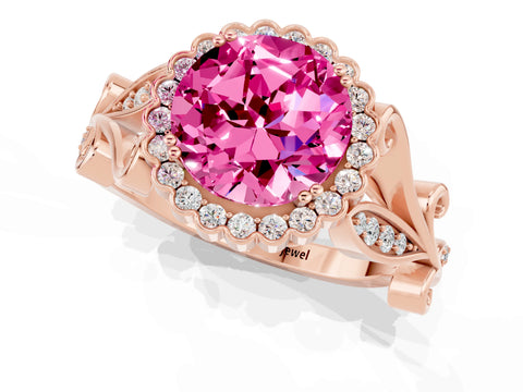Rose gold Round Cut Pink Sapphire Halo Ring with Vintage Split Shank and Four-Prong Setting_1