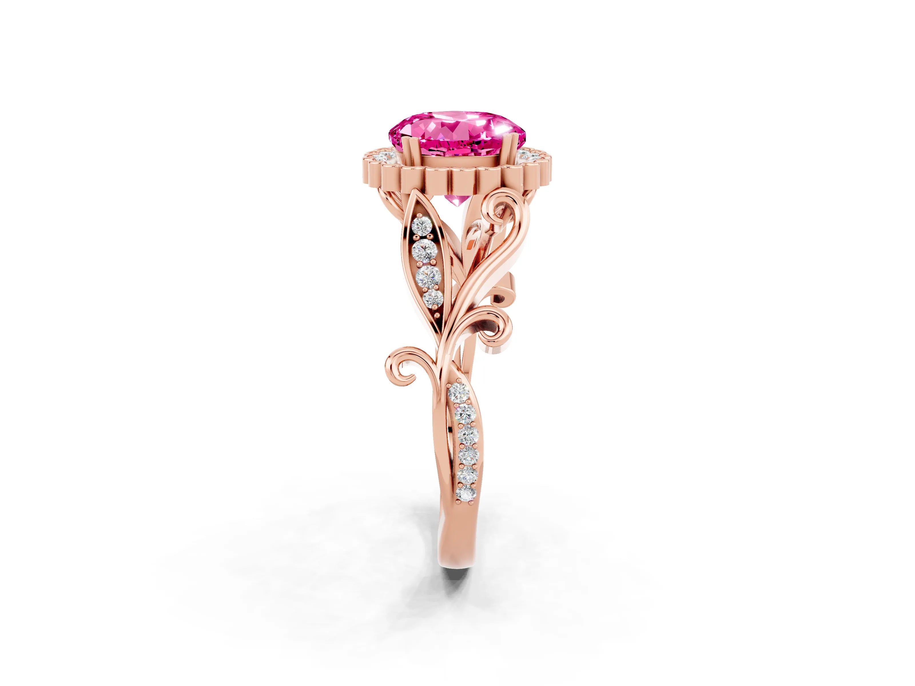 Rose gold Round Cut Pink Sapphire Halo Ring with Vintage Split Shank and Four-Prong Setting_2