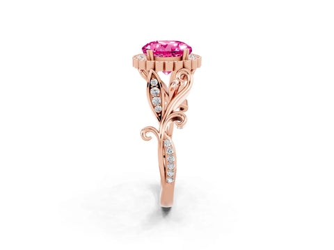 Rose gold Round Cut Pink Sapphire Halo Ring with Vintage Split Shank and Four-Prong Setting_2