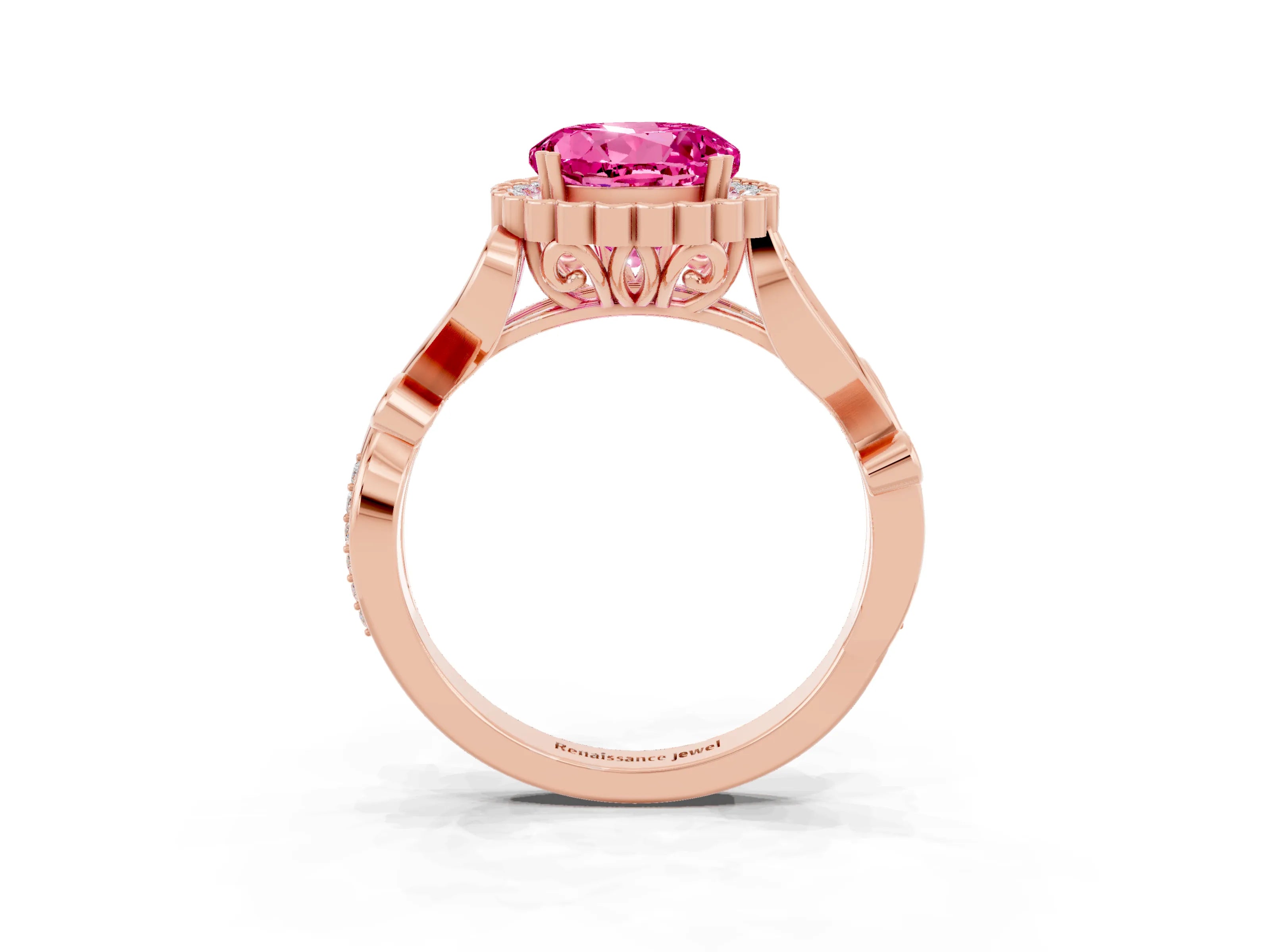 Rose gold Round Cut Pink Sapphire Halo Ring with Vintage Split Shank and Four-Prong Setting_3